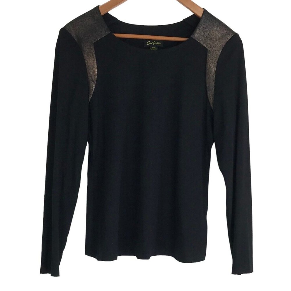 Cartise Womens Shirt Size Medium M‎ Black Brown Long Sleeve Stretch Faux Suede